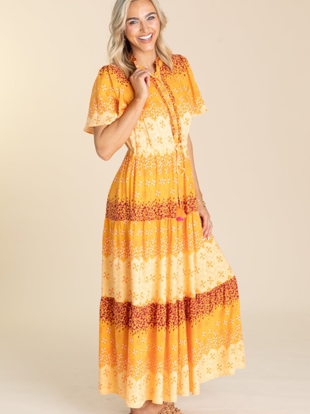 Easel Tangerine Border Printed Challis Maxi Dress